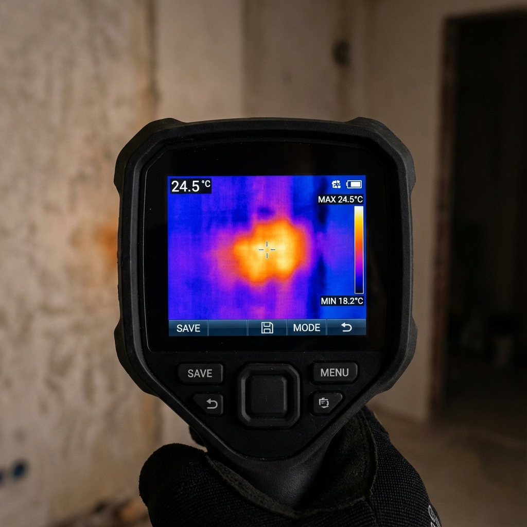 Professional using FLIR thermal camera to find leaks