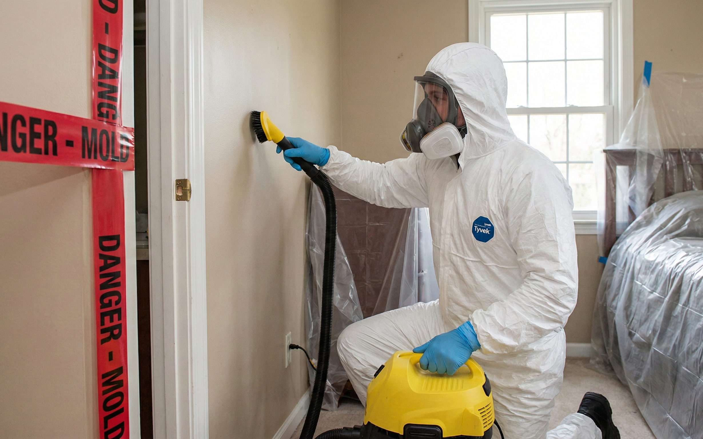 Professional mold removal technician in PPE suit